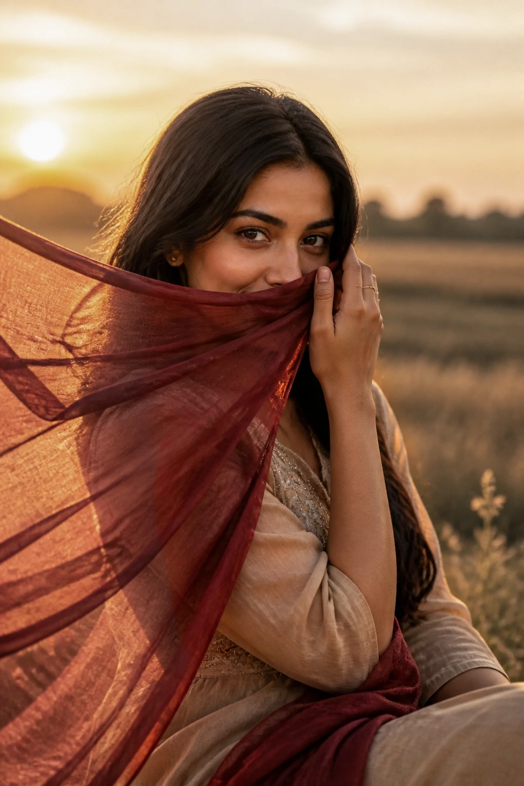Cinematic Indian bridal solo portrait AI photo editing prompt with Dupatta in golden wheat field at dusk