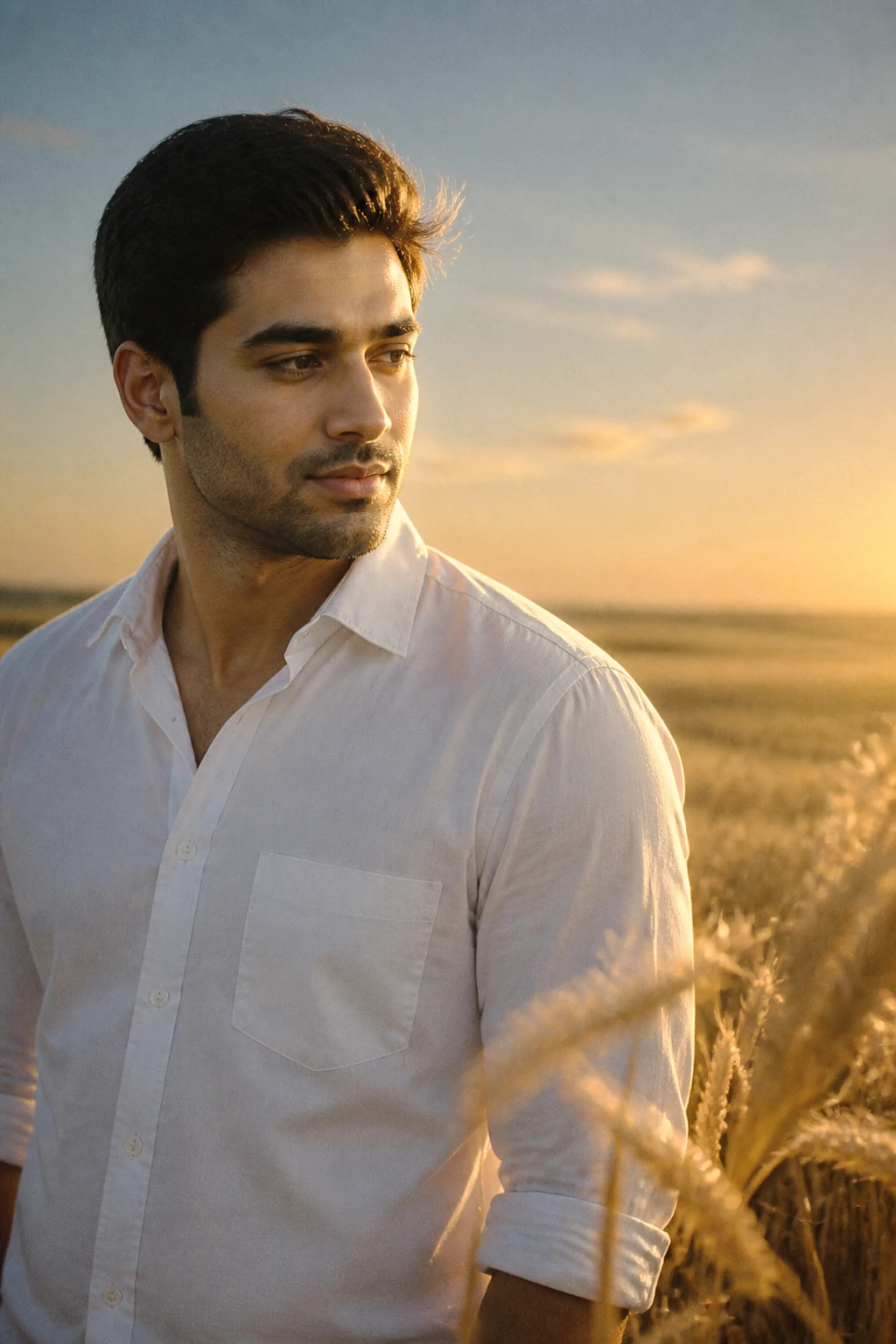 Indian groom solo portrait AI photo editing prompt in golden wheat field at golden hour