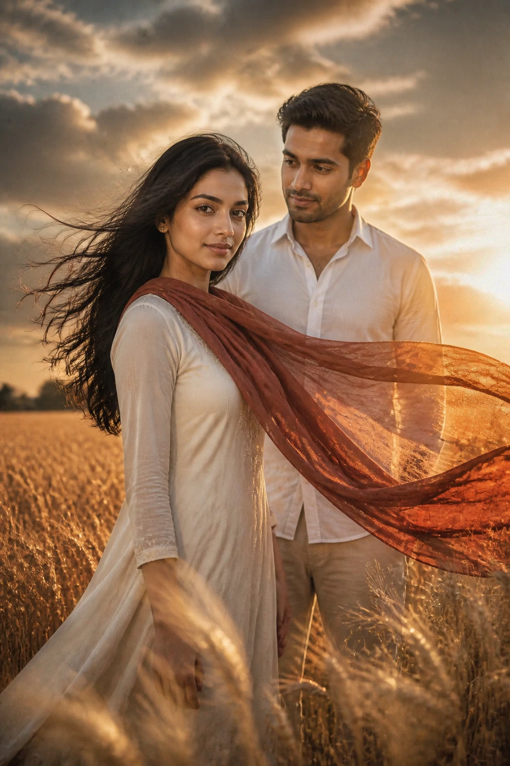 Romantic Indian couple portrait AI photo editing prompt with Dupatta in the wind in golden wheat field