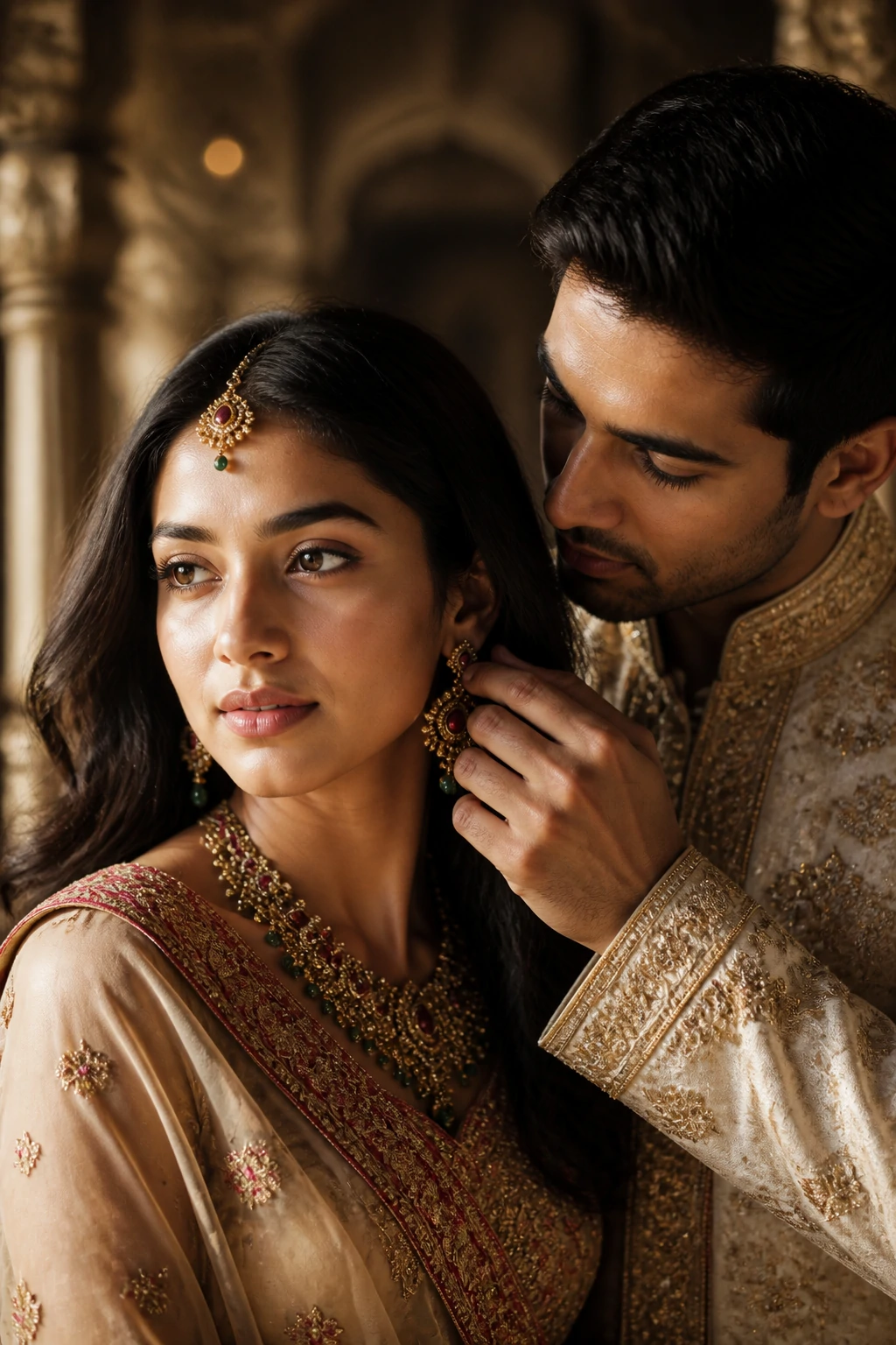 Indian groom helping bride fasten her earring on wedding day — cinematic AI couple prompt