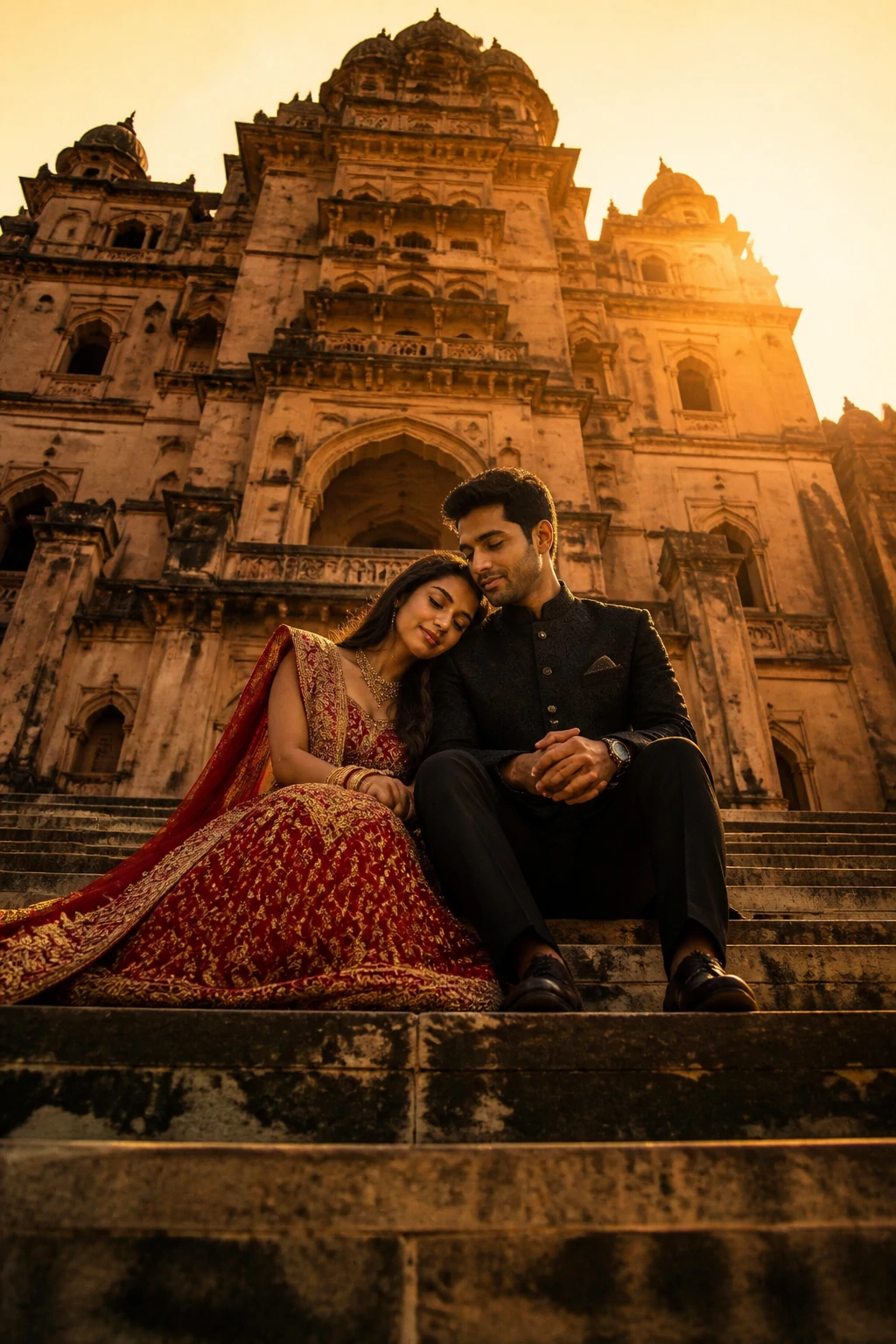 Indian wedding couple sitting together on palace steps in silence — AI photo prompt