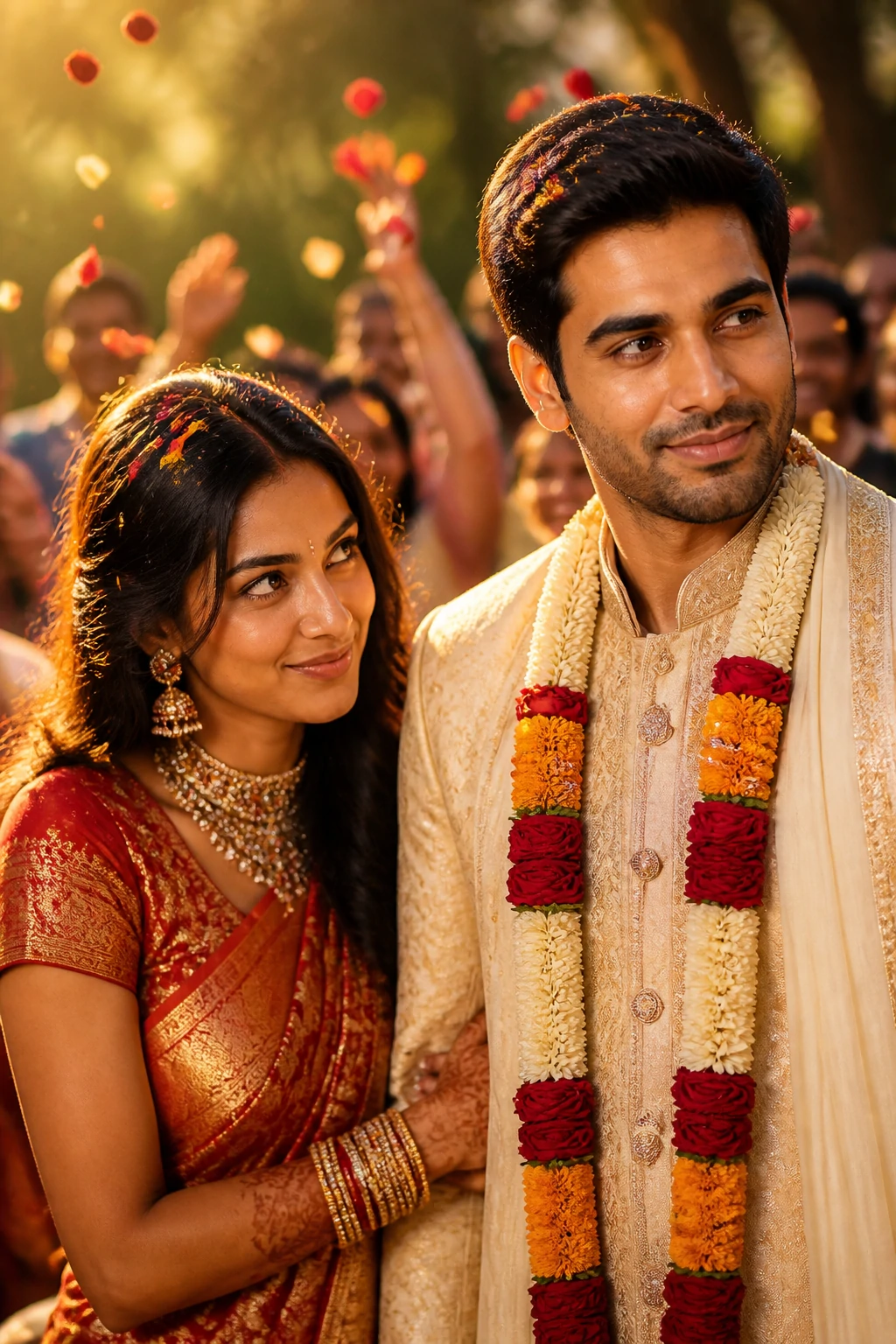 Indian bride laughing as petals fall during outdoor garden wedding — AI couple moment prompt