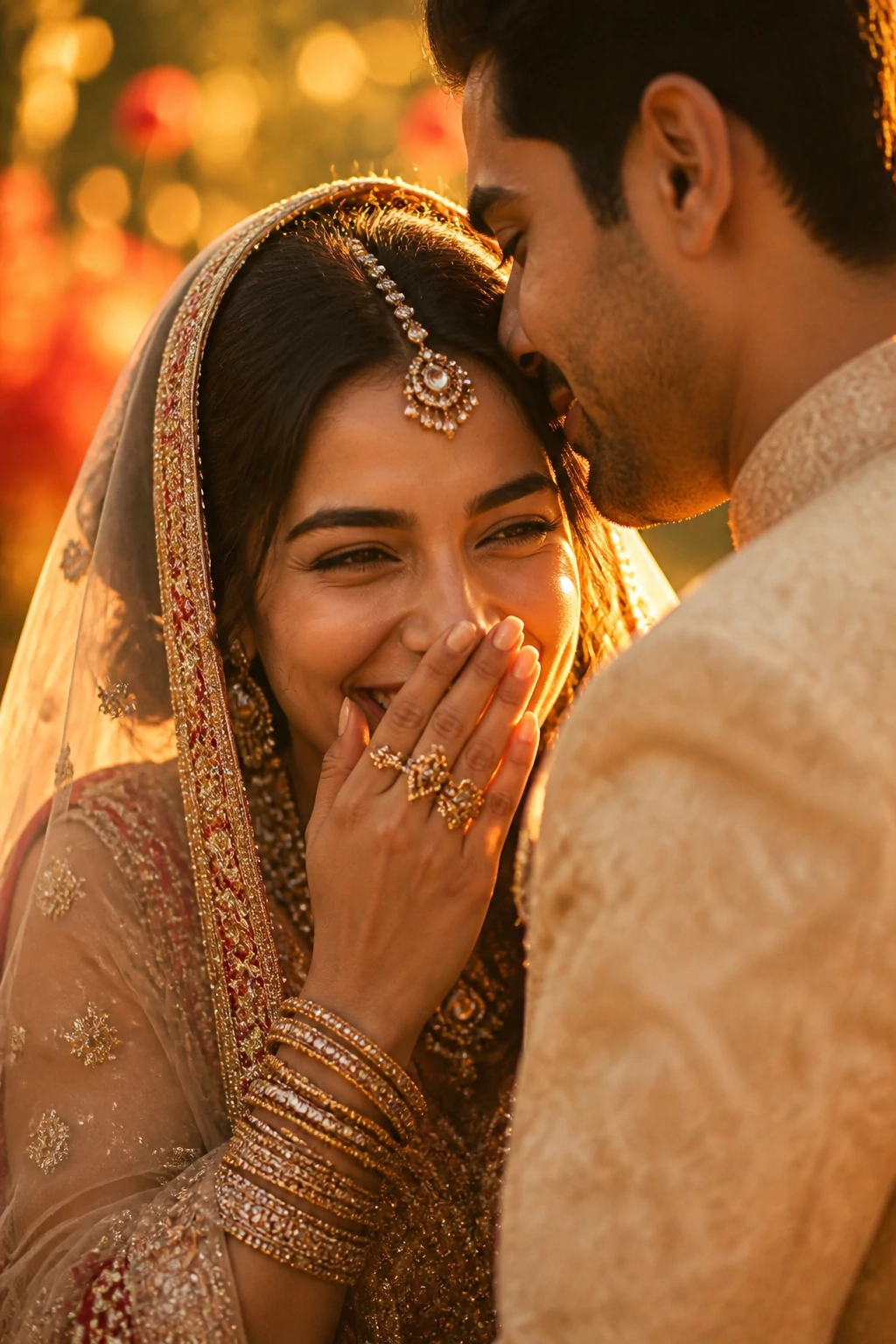 Indian groom whispering to bride mid-ceremony, bride laughing — candid AI wedding prompt