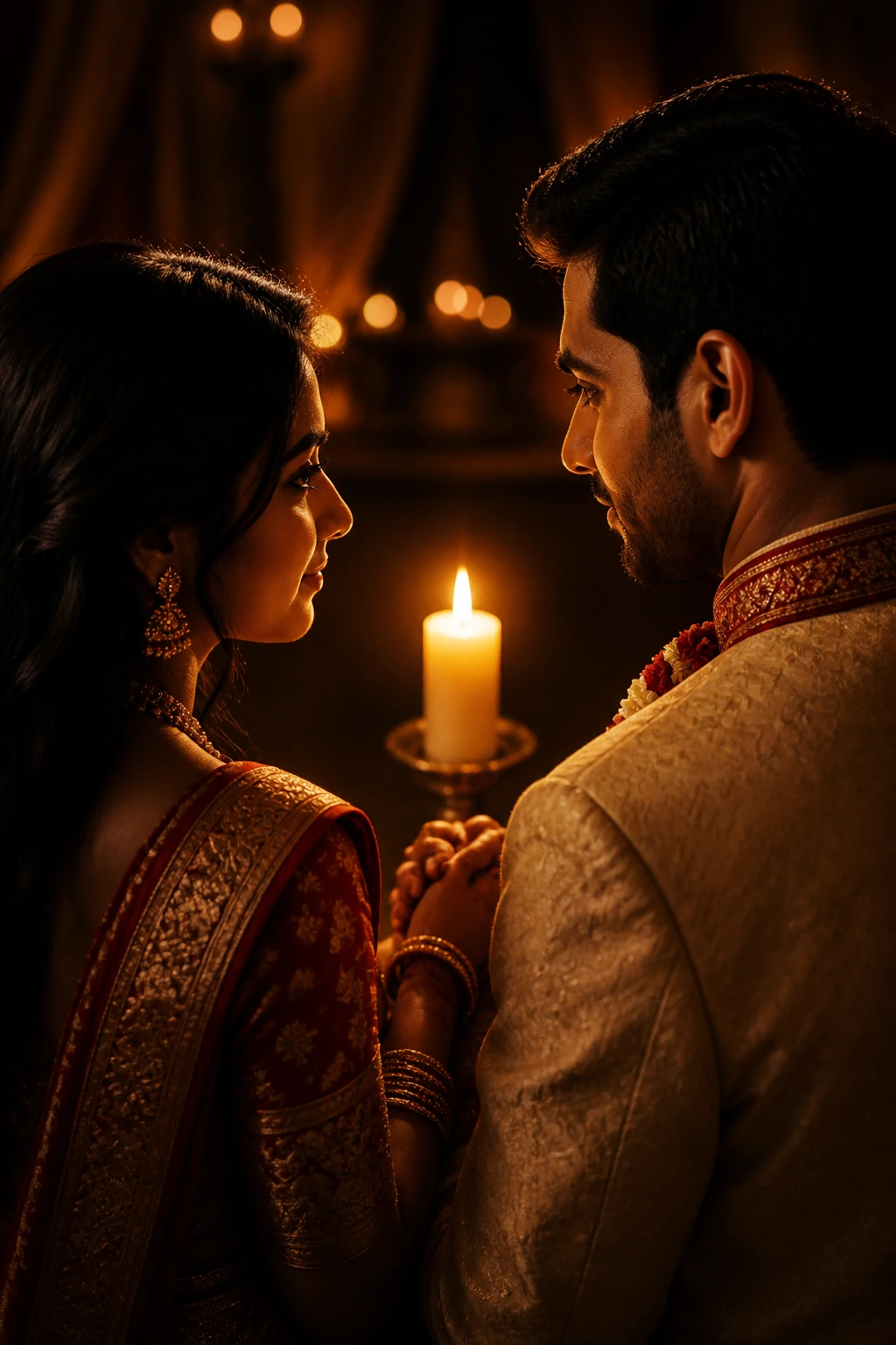 Indian couple holding hands by candlelight, looking away — quiet wedding moment AI prompt