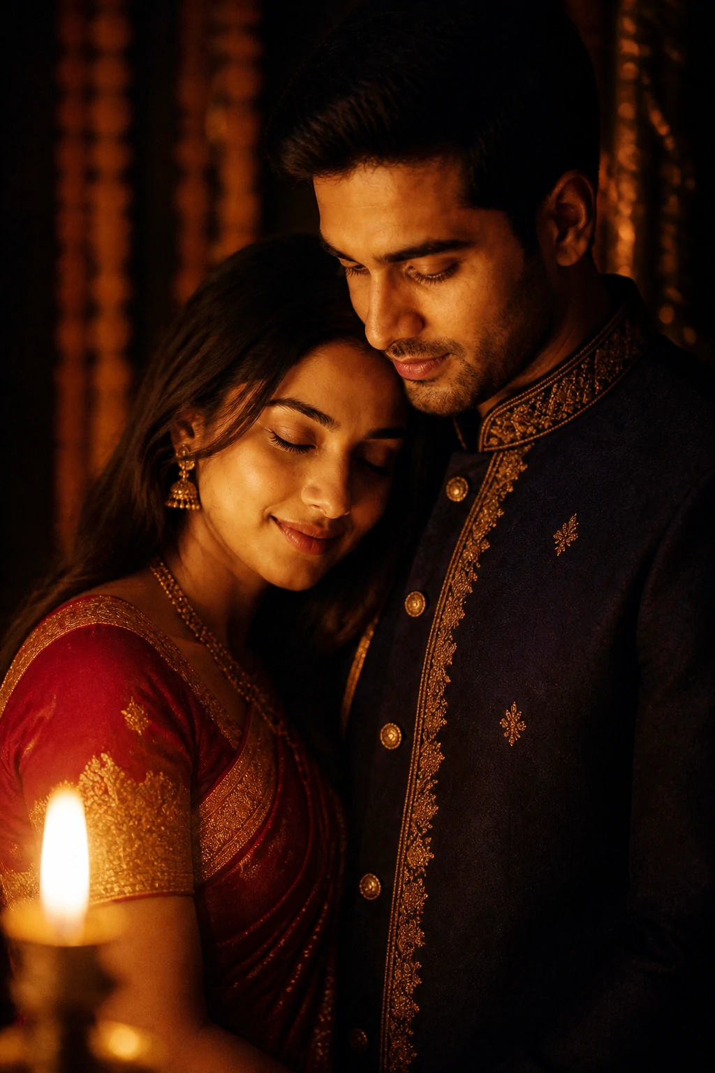 Indian bride asleep on groom's shoulder by candlelight — intimate wedding portrait AI prompt