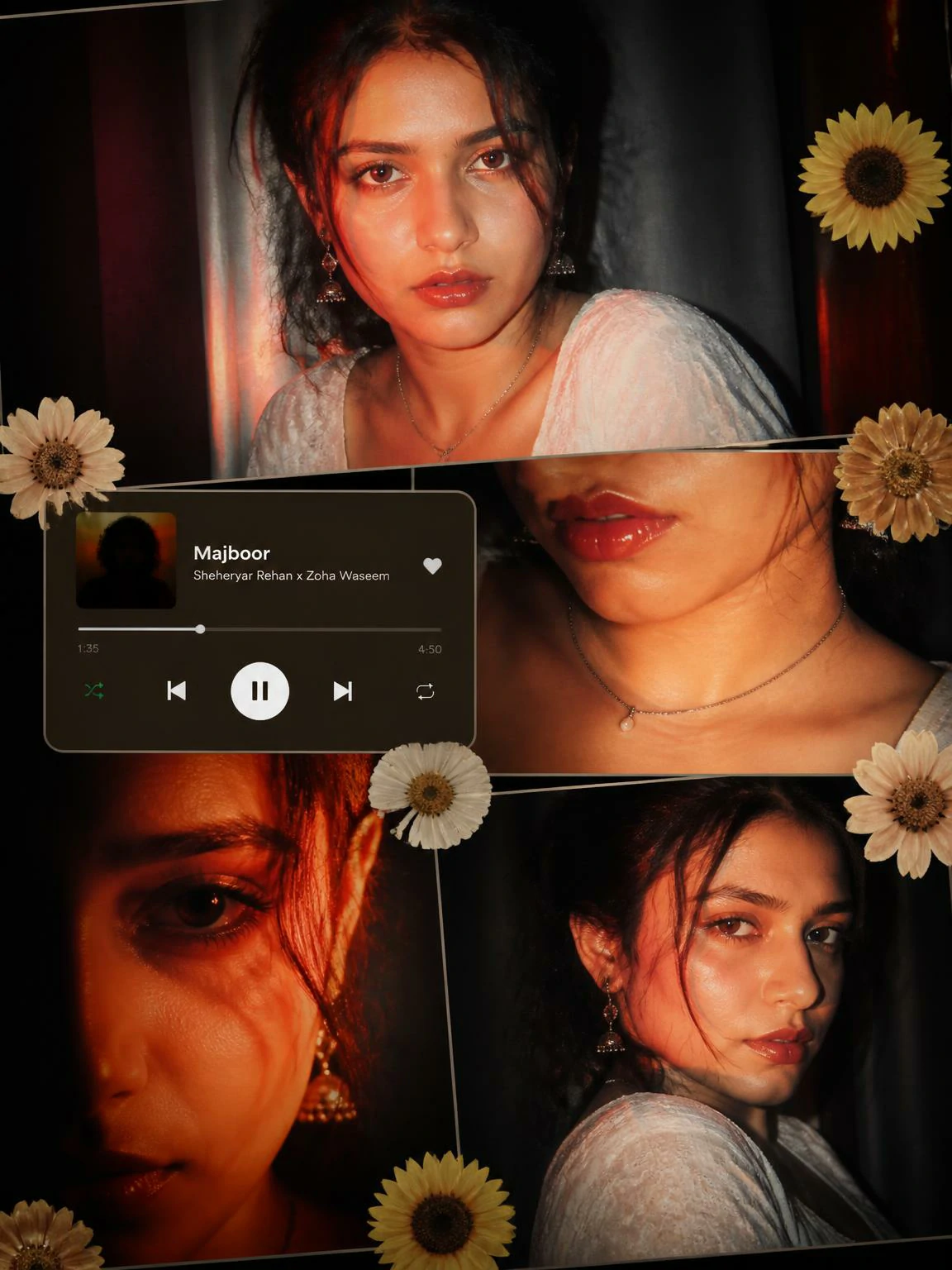 Traditional Indian cinematic collage AI photo editing prompt for women with warm flash lighting
