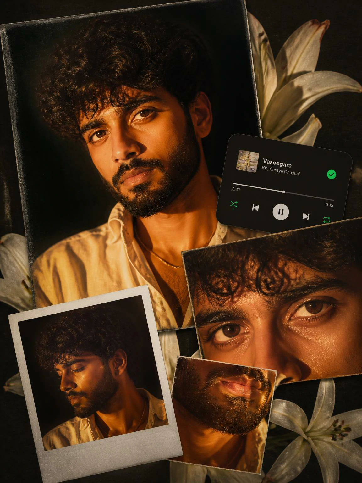 Warm golden tone cinematic AI portrait collage prompt for men with music player overlay