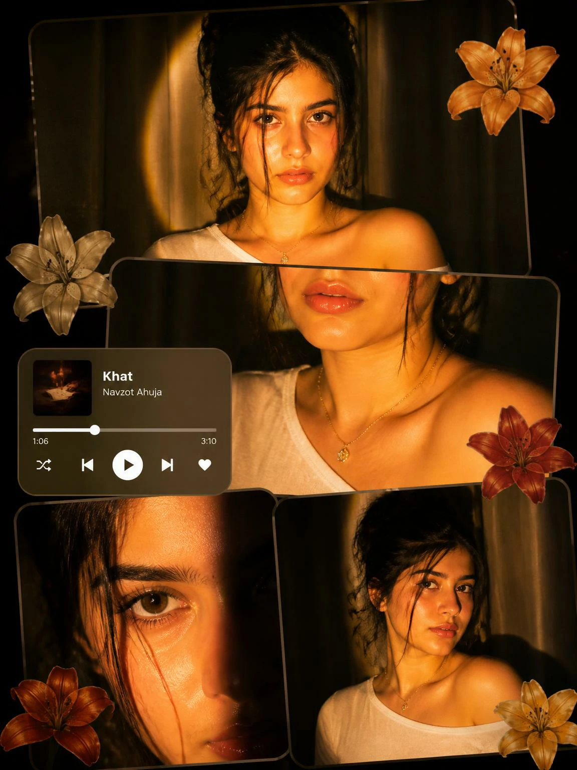 Classic vertical cinematic collage AI photo editing prompt for women with lily stickers