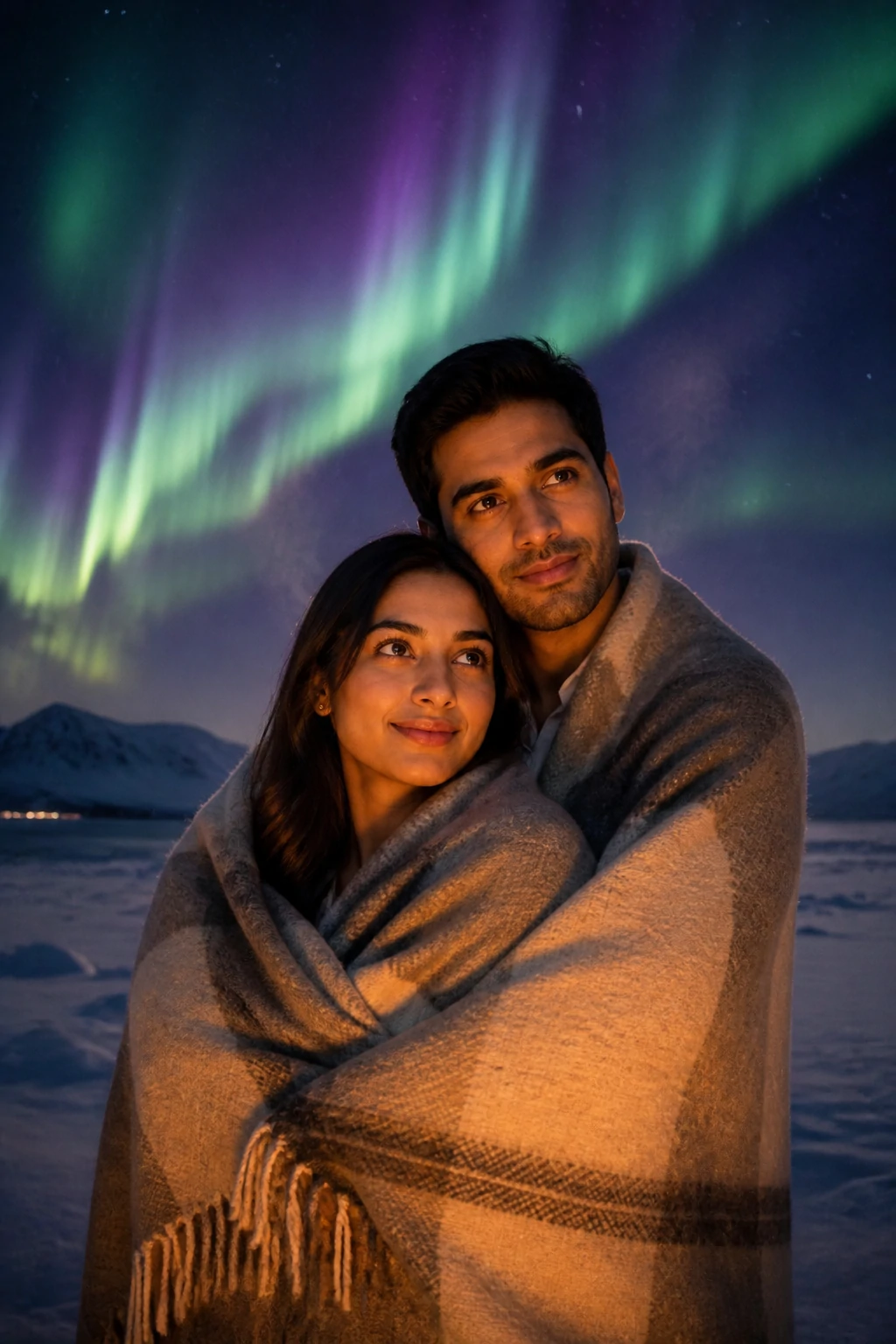 Northern lights romantic couple AI prompt with a shared blanket in Norway