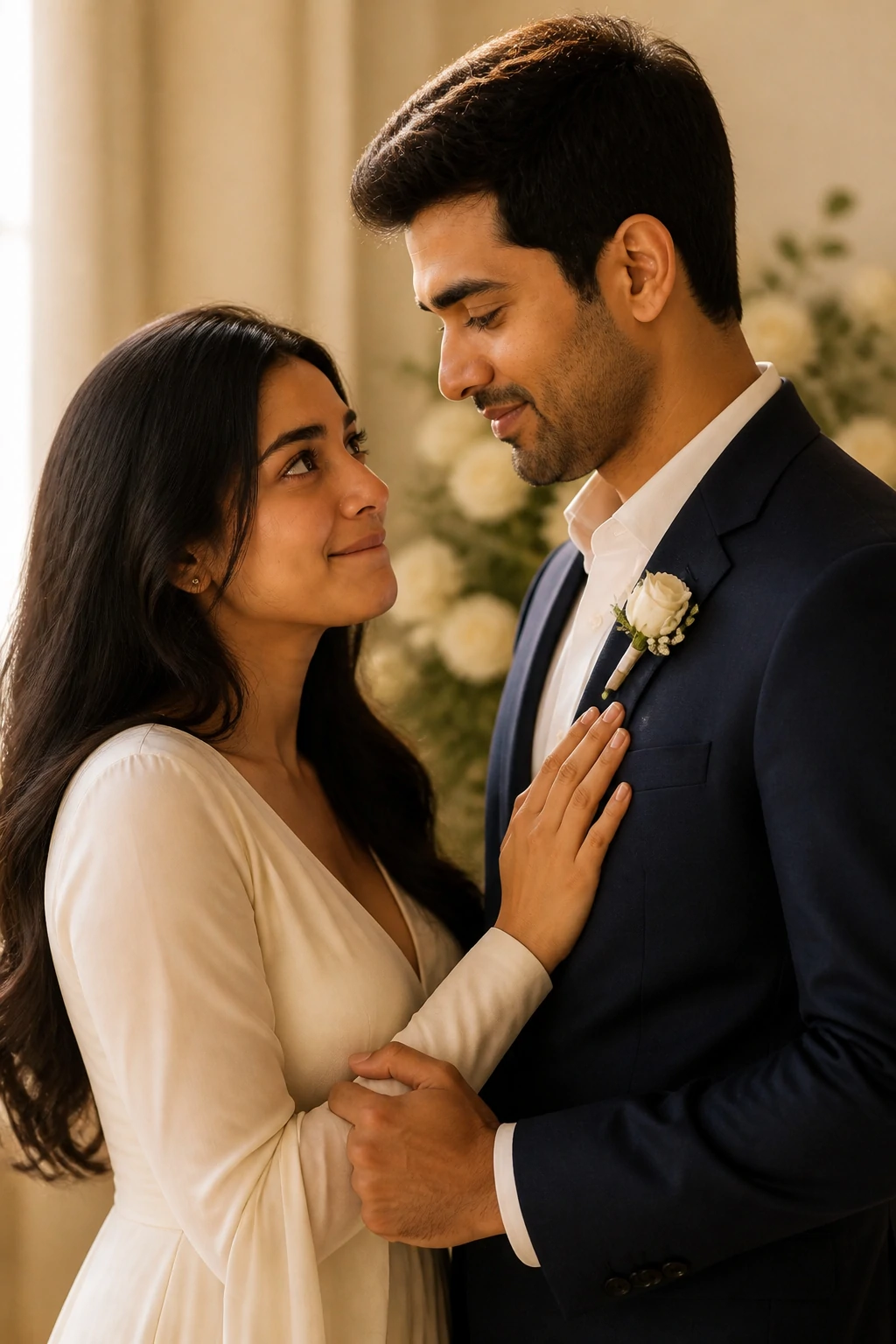 Wedding first-look Gemini couple photo prompt with an emotional bride and groom portrait