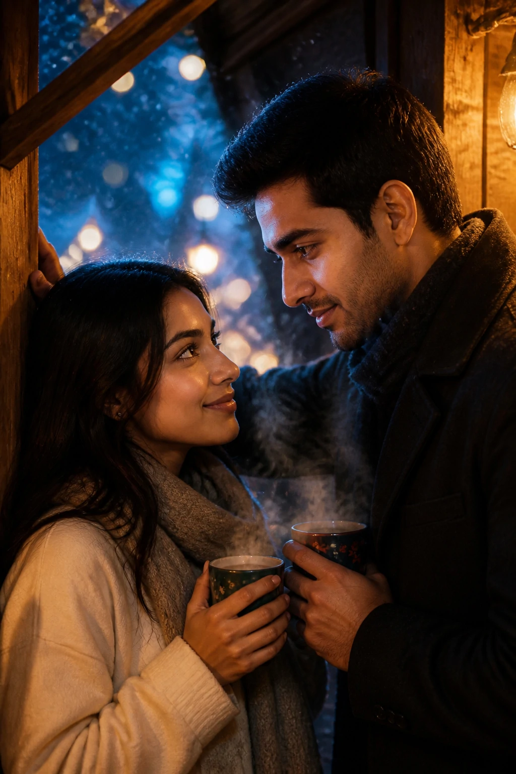 Christmas market couple AI prompt with hot cocoa snow and warm stall lights