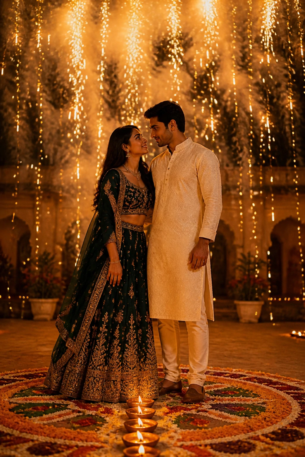 Diwali couple AI photo editing prompt in a traditional courtyard with diyas and rangoli