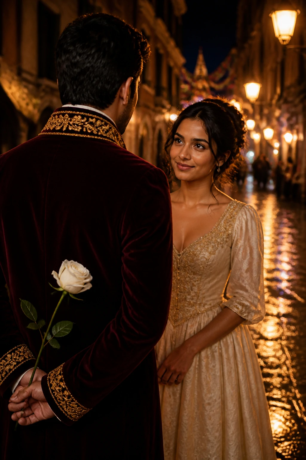 Venice carnival couple AI photo prompt with hidden rose and warm lamplight