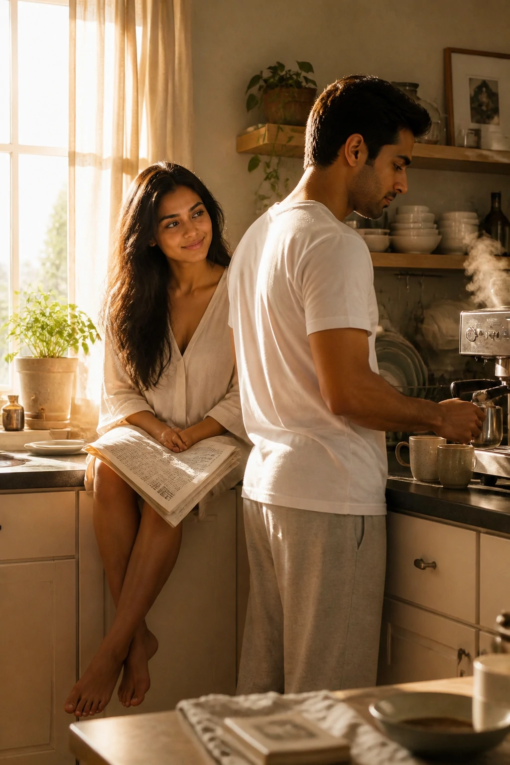 Sunday morning kitchen couple AI prompt with coffee sunlight and a quiet smile