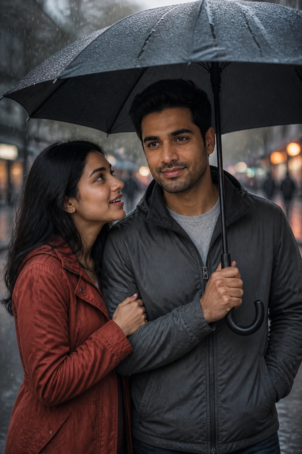 Rainy day couple AI photo editing prompt sharing one umbrella on a quiet street