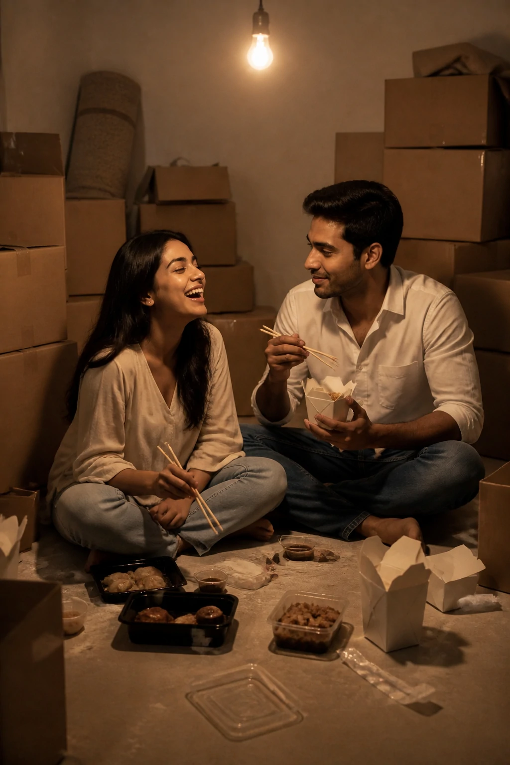 Moving day couple AI prompt eating takeout on the floor of a new apartment