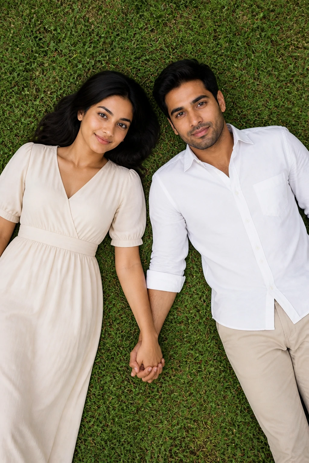 Overhead couple AI photo editing prompt lying in grass with fingers interlaced