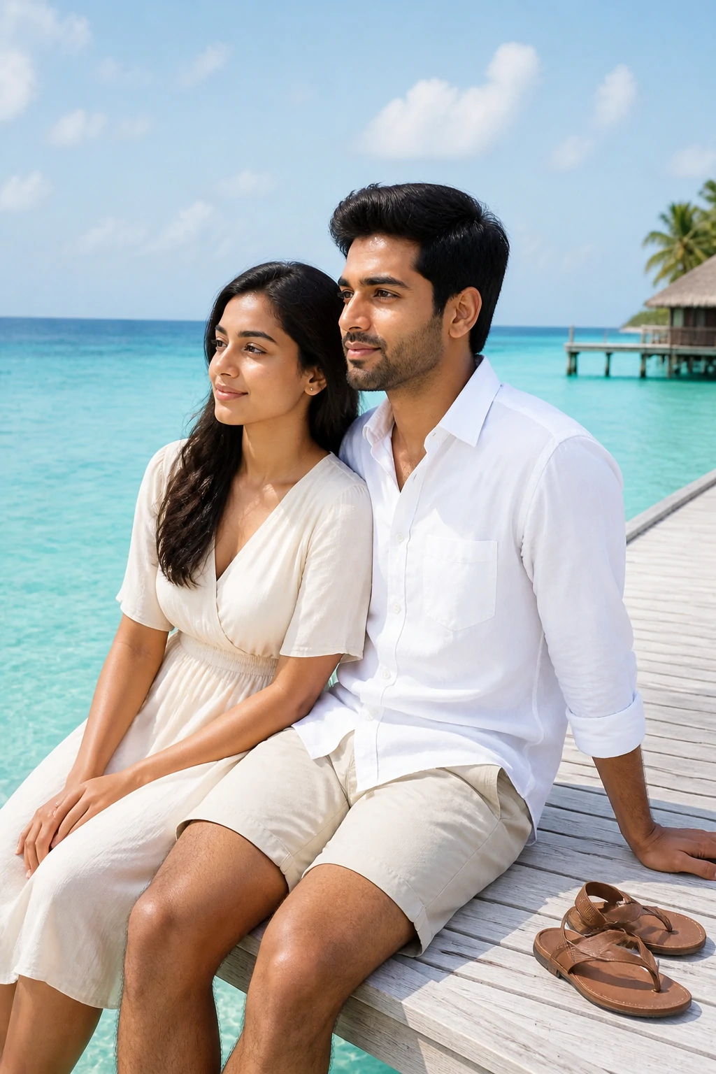 Maldives couple AI photo prompt sitting side by side on an overwater pier
