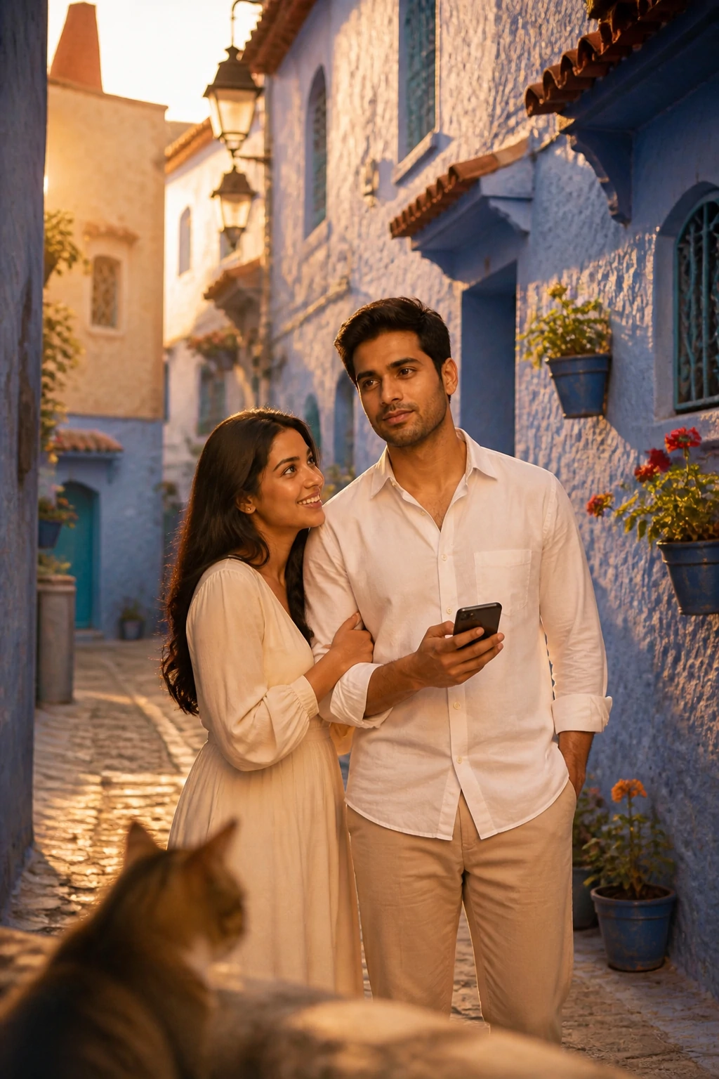 Playful couple AI photo editing prompt in the blue alleys of Chefchaouen Morocco