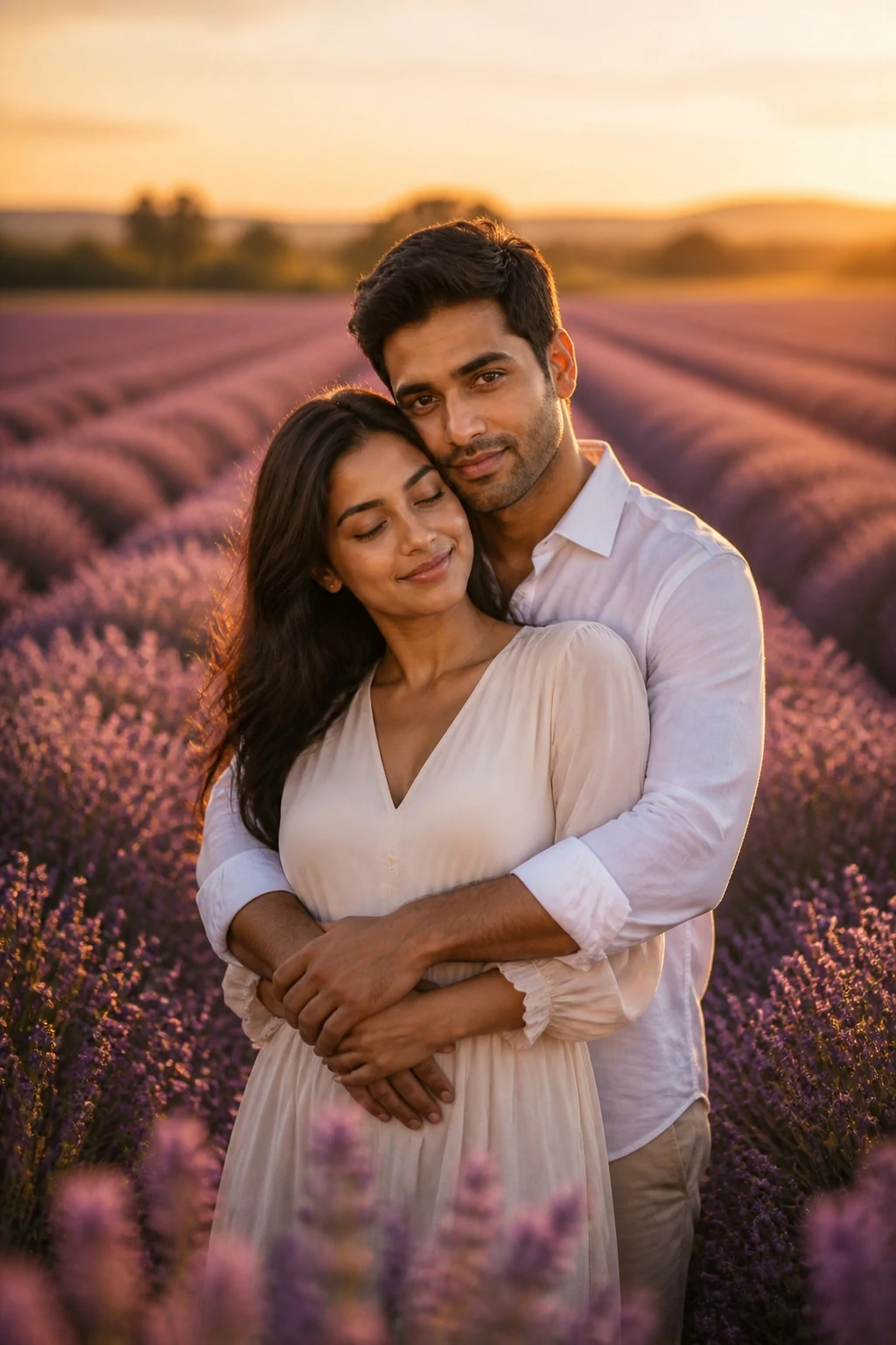 Provence lavender field couple AI prompt with a golden hour embrace