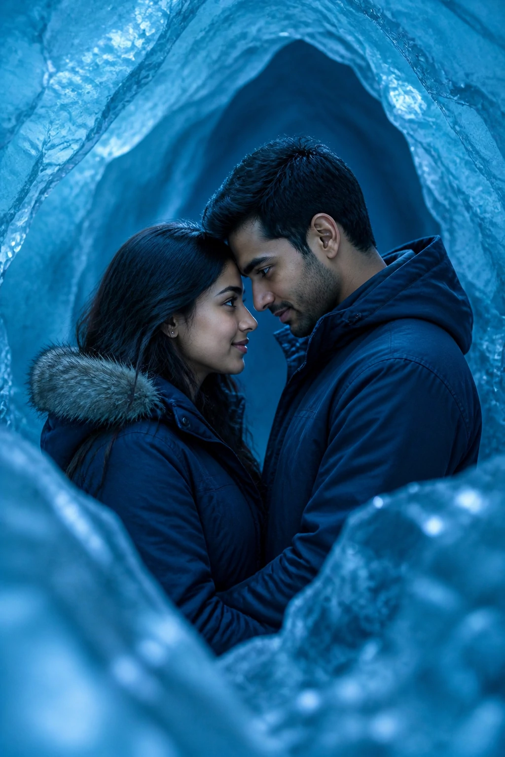 Iceland ice cave romantic couple AI prompt with foreheads touching in blue glacier light