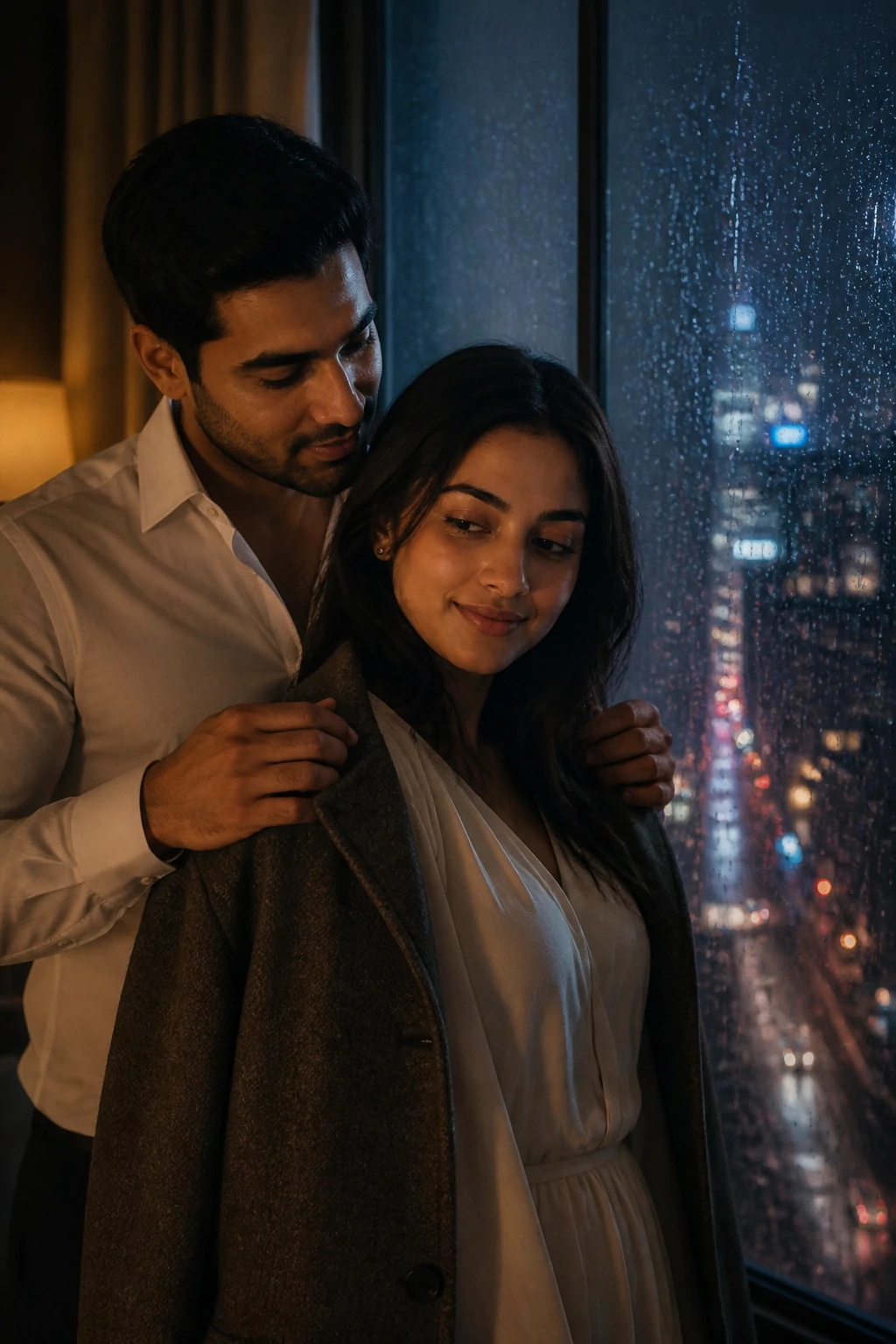 Rainy New York apartment romantic couple photo editing prompt with city lights