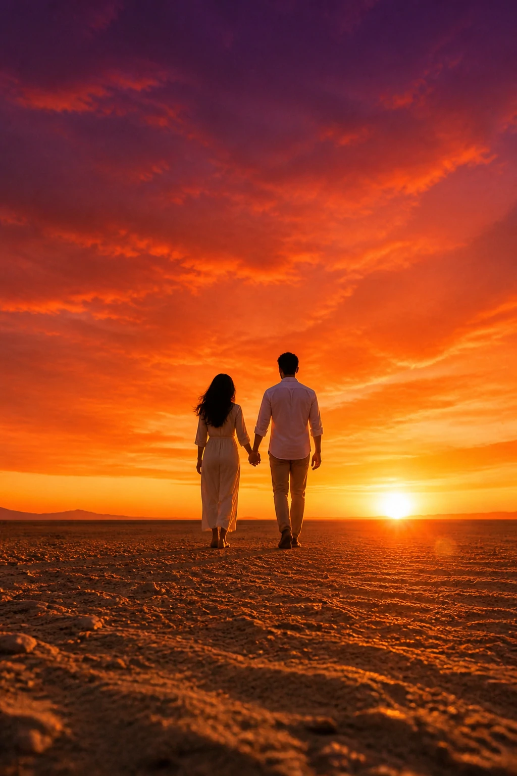 Desert sunset couple AI photo editing prompt with two people walking hand in hand
