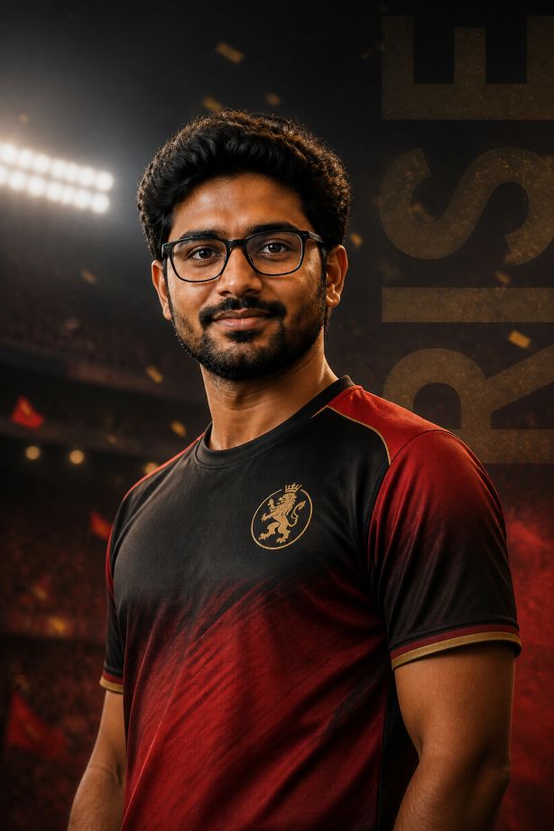 RCB fan prompt editorial cricket portrait with RISE typography and stadium lights