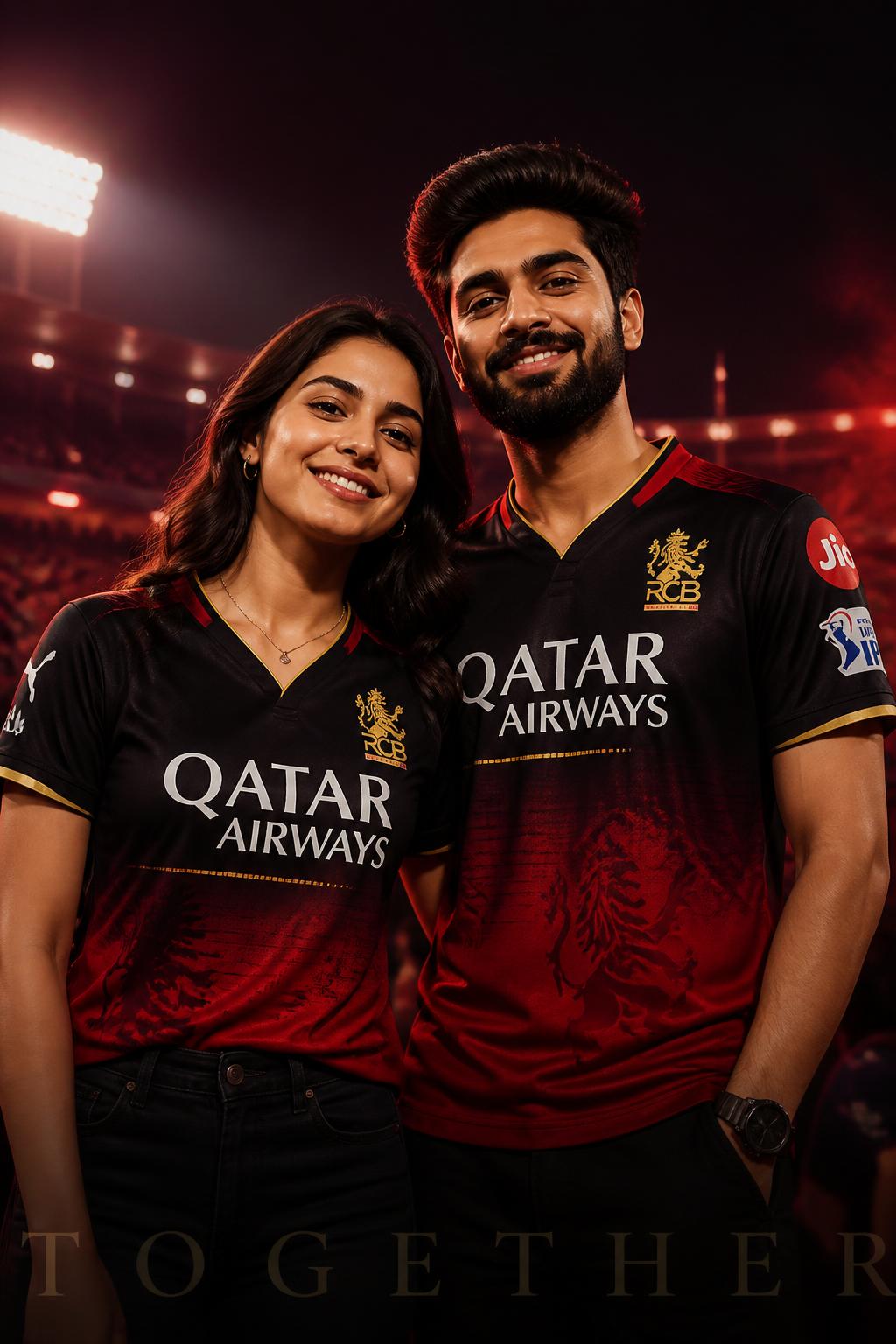 RCB couple cricket fan poster prompt with red black outfits and TOGETHER typography
