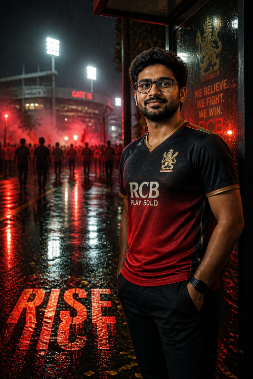 RCB rain-night cricket fan poster prompt with wet pavement reflections and RISE typography