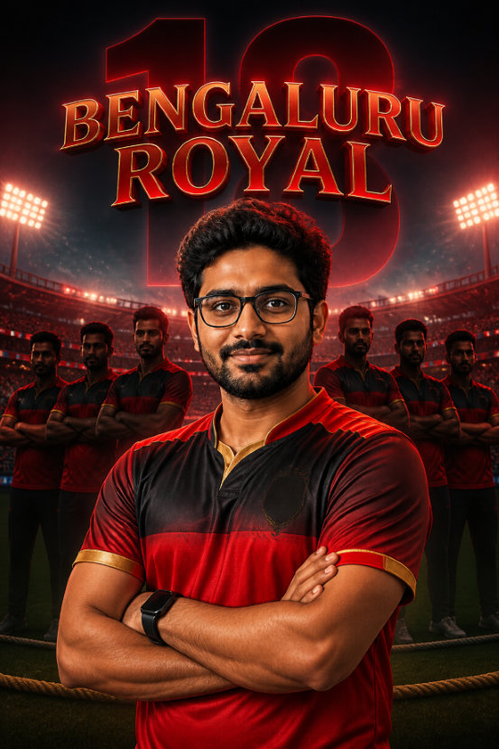RCB hero lineup stadium poster prompt with red black jersey and Bengaluru Royal title